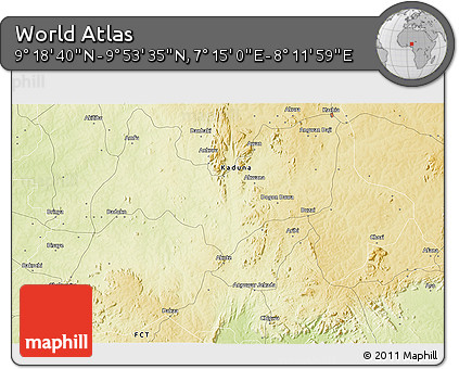 Physical 3D Map of the Area around 9° 36' 8" N, 7° 43' 29" E