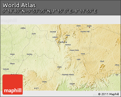 Physical 3D Map of the Area around 9° 36' 8" N, 7° 43' 29" E
