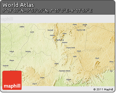 Physical 3D Map of the Area around 9° 36' 8" N, 7° 43' 29" E