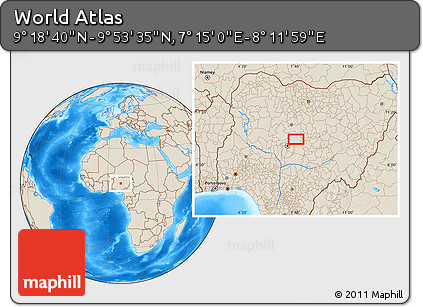 Shaded Relief Location Map of the Area around 9° 36' 8" N, 7° 43' 29" E