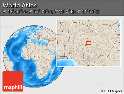 Shaded Relief Location Map of the Area around 9° 36' 8" N, 7° 43' 29" E