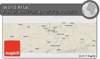 Shaded Relief Panoramic Map of the Area around 9° 36' 8" N, 7° 43' 29" E