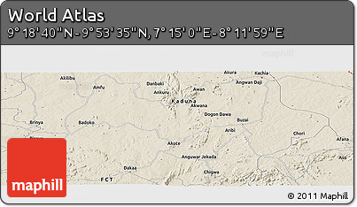 Shaded Relief Panoramic Map of the Area around 9° 36' 8" N, 7° 43' 29" E