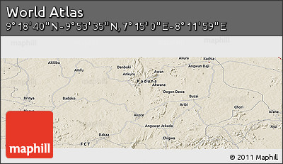 Shaded Relief Panoramic Map of the Area around 9° 36' 8" N, 7° 43' 29" E