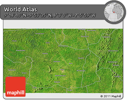 Satellite 3D Map of the Area around 9° 36' 8" N, 7° 34' 30" W