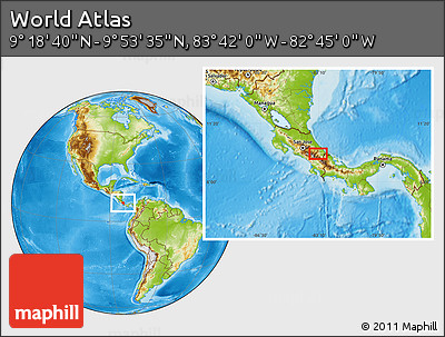 Physical Location Map of the Area around 9° 36' 8" N, 83° 13' 29" W