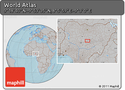 Gray Location Map of the Area around 9° 36' 8" N, 8° 34' 29" E, hill shading