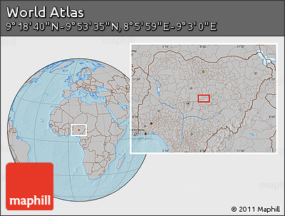 Gray Location Map of the Area around 9° 36' 8" N, 8° 34' 29" E, hill shading