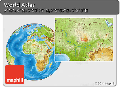 Physical Location Map of the Area around 9° 36' 8" N, 8° 34' 29" E