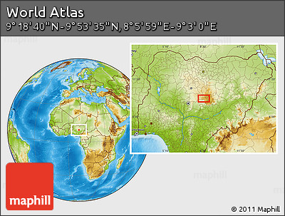 Physical Location Map of the Area around 9° 36' 8" N, 8° 34' 29" E