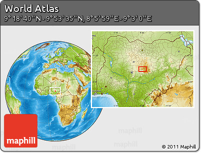 Physical Location Map of the Area around 9° 36' 8" N, 8° 34' 29" E