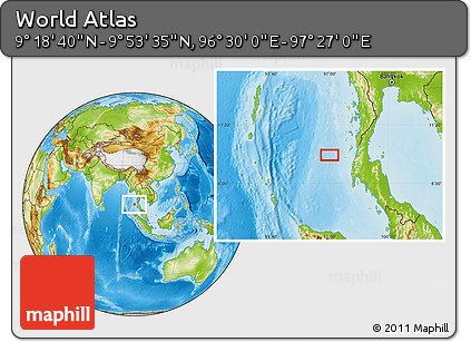 Physical Location Map of the Area around 9° 36' 8" N, 96° 58' 29" E