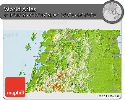 Physical 3D Map of the Area around 9° 36' 8" N, 98° 40' 30" E