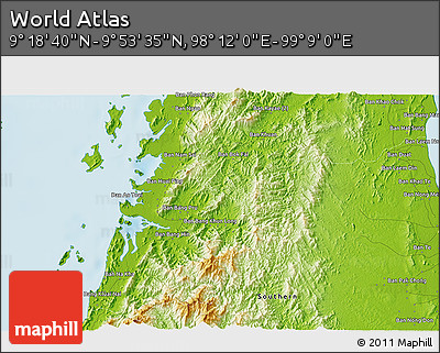 Physical 3D Map of the Area around 9° 36' 8" N, 98° 40' 30" E