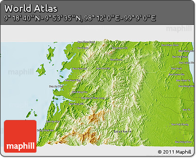 Physical 3D Map of the Area around 9° 36' 8" N, 98° 40' 30" E