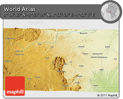 Physical 3D Map of the Area around 9° 36' 8" N, 9° 25' 30" E