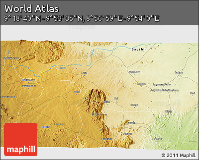 Physical 3D Map of the Area around 9° 36' 8" N, 9° 25' 30" E