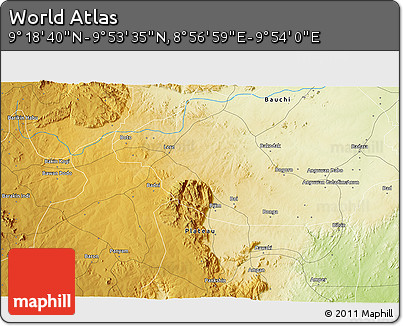 Physical 3D Map of the Area around 9° 36' 8" N, 9° 25' 30" E