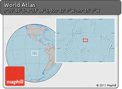 Gray Location Map of the Area around 9° 15' 16" S, 100° 13' 29" W, hill shading