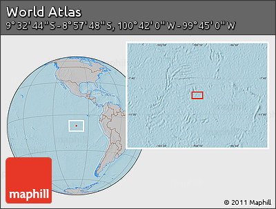 Gray Location Map of the Area around 9° 15' 16" S, 100° 13' 29" W, hill shading