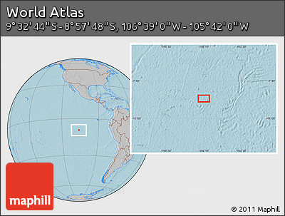 Gray Location Map of the Area around 9° 15' 16" S, 106° 10' 30" W, hill shading