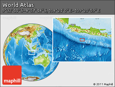 Physical Location Map of the Area around 9° 15' 16" S, 108° 52' 30" E
