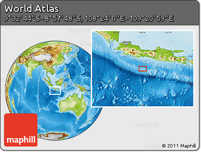 Physical Location Map of the Area around 9° 15' 16" S, 108° 52' 30" E
