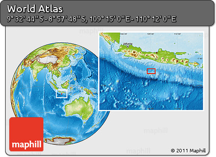 Physical Location Map of the Area around 9° 15' 16" S, 109° 43' 29" E