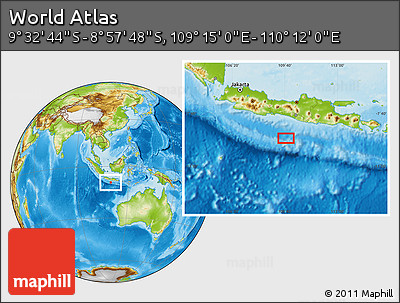 Physical Location Map of the Area around 9° 15' 16" S, 109° 43' 29" E