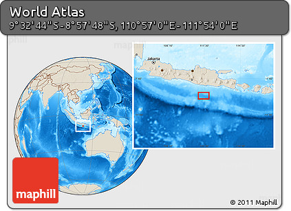 Shaded Relief Location Map of the Area around 9° 15' 16" S, 111° 25' 30" E