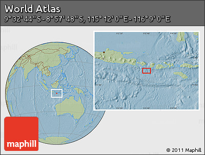 Savanna Style Location Map of the Area around 9° 15' 16" S, 115° 40' 30" E, hill shading