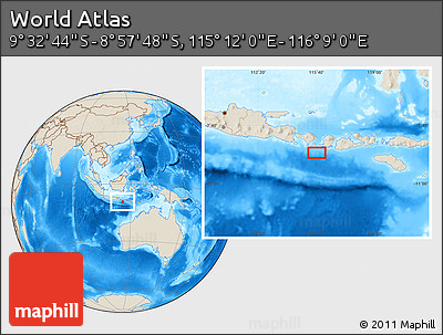 Shaded Relief Location Map of the Area around 9° 15' 16" S, 115° 40' 30" E