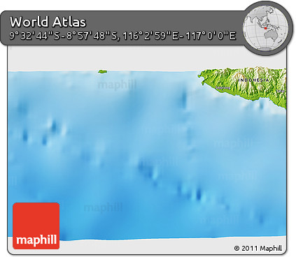 Physical 3D Map of the Area around 9° 15' 16" S, 116° 31' 30" E