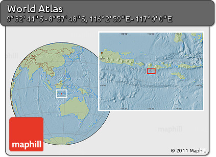 Savanna Style Location Map of the Area around 9° 15' 16" S, 116° 31' 30" E, hill shading