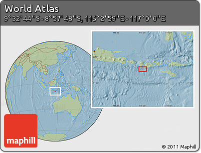 Savanna Style Location Map of the Area around 9° 15' 16" S, 116° 31' 30" E, hill shading