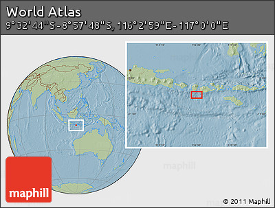 Savanna Style Location Map of the Area around 9° 15' 16" S, 116° 31' 30" E, hill shading