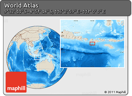Shaded Relief Location Map of the Area around 9° 15' 16" S, 116° 31' 30" E