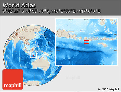 Shaded Relief Location Map of the Area around 9° 15' 16" S, 116° 31' 30" E