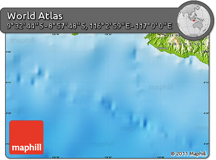Physical Map of the Area around 9° 15' 16" S, 116° 31' 30" E