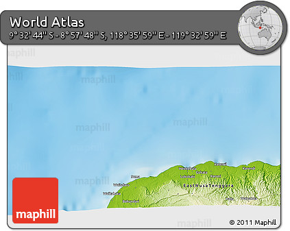 Physical 3D Map of the Area around 9° 15' 16" S, 119° 4' 29" E