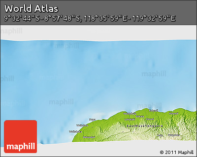 Physical 3D Map of the Area around 9° 15' 16" S, 119° 4' 29" E