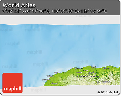 Physical 3D Map of the Area around 9° 15' 16" S, 119° 4' 29" E