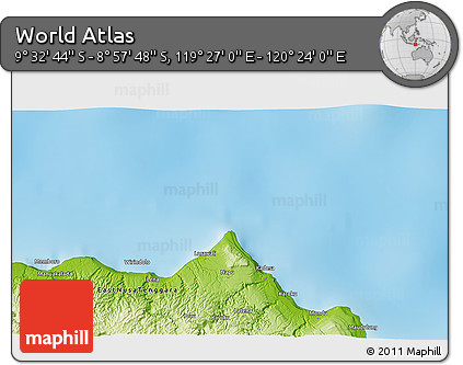 Physical 3D Map of the Area around 9° 15' 16" S, 119° 55' 30" E