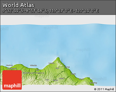 Physical 3D Map of the Area around 9° 15' 16" S, 119° 55' 30" E