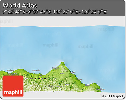 Physical 3D Map of the Area around 9° 15' 16" S, 119° 55' 30" E