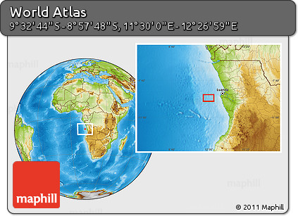 Physical Location Map of the Area around 9° 15' 16" S, 11° 58' 29" E