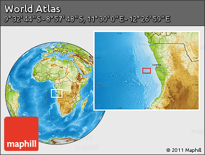 Physical Location Map of the Area around 9° 15' 16" S, 11° 58' 29" E