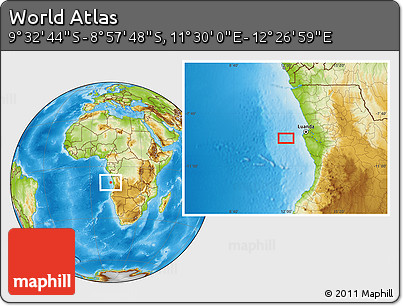 Physical Location Map of the Area around 9° 15' 16" S, 11° 58' 29" E