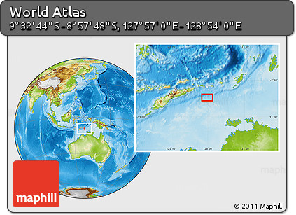 Physical Location Map of the Area around 9° 15' 16" S, 128° 25' 30" E