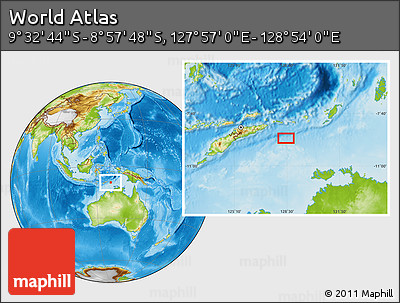 Physical Location Map of the Area around 9° 15' 16" S, 128° 25' 30" E
